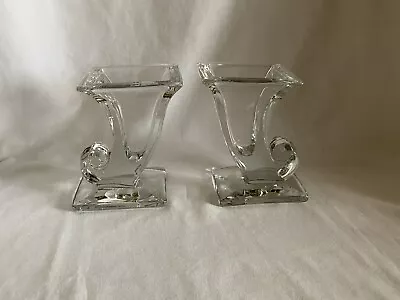 Pair 2 Vintage Viking New Martinsville Cornucopia Vases Bookends Clear Glass • $24.99