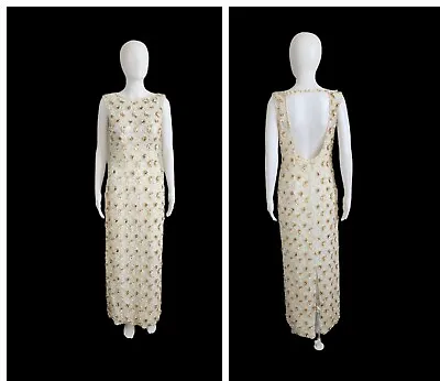 Vintage 80s Black Tie Oleg Cassini Beaded Wedding Dress Womens Maxi Gown Slit • $270