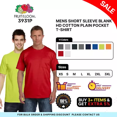 Fruit Of The Loom 3931P Mens Short Sleeve Blank HD Cotton Plain Pocket T-Shirt • $10.50