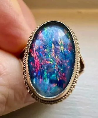 Large Black Fire Opal 9ct Gold Vintage Ring • £895