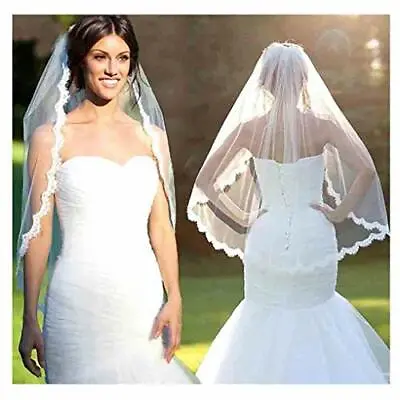 RULTA IVORY Wedding Veil 1 Tier Fingertip Veils Lace Applique Edge With Comb ZQ • £6.69