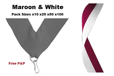 MAROON & WHITE MEDAL RIBBONS LANYARDS WITH CLIP 22mm WOVEN PACKS OF 10/25/50/100 • £1.99