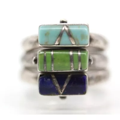 925 STERLING Native American  Vintage Stack Rings Lapis Turquoise Sz 5 3/4 • $89.99