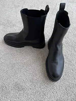 ZARA Black Leather Lug Sole Chelsea Ankle Boots Women Size 8 US / 39 EU NWT • $29.99
