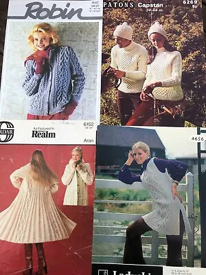 4 Vintage Aran Patterns Ladies Coat Tabard Cardigan Sweater Hat Sirdar 6152 • £3