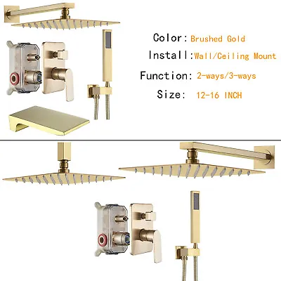 $112 • Buy Brushed Gold Shower Faucet Set System Rainfall Shower Head Combo W/ Mixer Valve