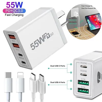 AU 55W 4-Port USB-C PD Fast Wall Charger Charging Cable Power Adapter For IPhone • $14.99