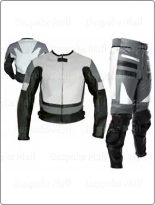 New Men's Motorcycle Racing Gray White Leather Two Piece Suit  Safety Pads-555 • $347.99