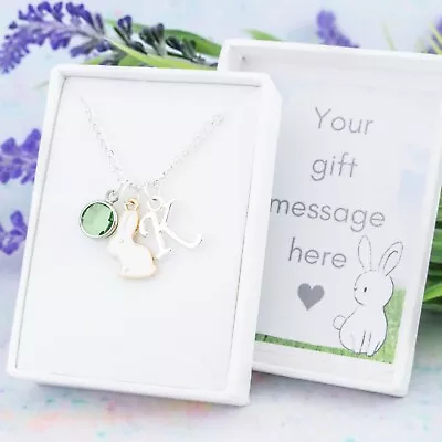 £10.49 • Buy Rabbit Necklace, Initial And Birthstone, Pet Bunny Jewellery, Memorial Keepsake