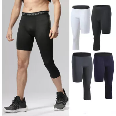 Men Compression Base Layer Running Shorts Sport 3/4 Cropped Pants Leggings Gym • $11.99