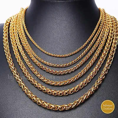 Stainless Steel Wheat Braided Chain 18K Gold Plated 7-38  Men Bracelet Necklace • $8.99