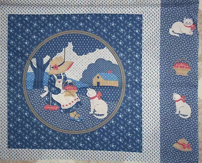 COTTON FABRIC PANEL PILLOW QUILT BLOCKS COUNTRY GIRL IN A BONNET And A CAT • $5.75