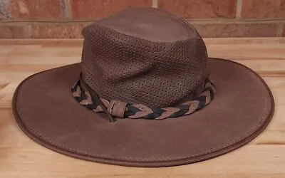 Minnetonka Brown Leather Fold Up Hat Mens Small Full Brim Vented  • $22.80