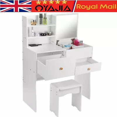 Dressing Table With Drawers Mirror Stool Set Makeup Desk Vanity Table Bedroom • £65.99