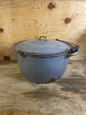 Antique Gray Graniteware Enamelware Bucket Stew Pot Kettle W Wood Handle & Lid • $34.95