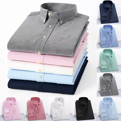 UK Mens Casual Work Shirt Long Sleeve Cotton Oxford Collar Formal Button Shirts • £9.49