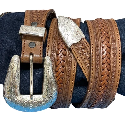 $29.99 • Buy Tony Lama Western Basket Weave Tan Leather & Silver Belt Rodeo Cowboy Mens Sz 38