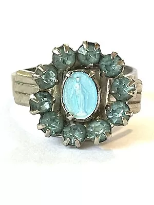 Vintage Blue Enamel & Blue Stones Adjustable Ring Miraculous Virgin Mary Ring 6 • $16