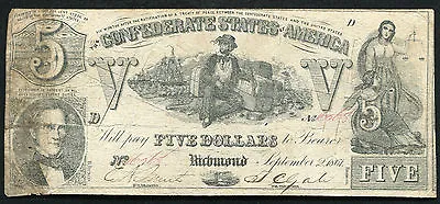 T-37 1861 $5 Five Dollars Csa Confederate States Of America  • $59.95