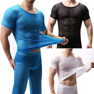 Mesh Sexy Short Sleeve Muscle Tops See-through Sheer Men T-Shirt Top Tee Blouse • £11.99