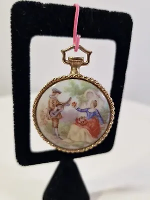 VTG Limoges France Courting Couple Gold Tone Pendant Pocket Watch Shape C3t • $25