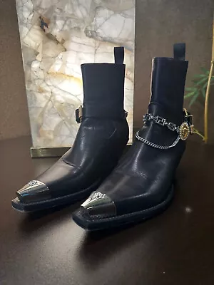 RARE EUC Versace Black Leather Booties Removable Embellish Buckles 39 US 9 $888 • $425