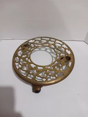 Vintage Brass Plant Caddy Round Ornate Filigree Wheels Coasters Portable 10 1/2  • $10