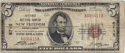 1929 $5 First National Bank Of New Freedom PA Charter #6715 • $39
