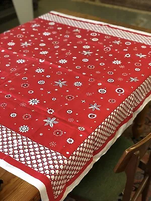 £19.99 • Buy Vintage Linen Tablecloth / Retro 60’s / Folk / French / Red / 48” X 52” VGC