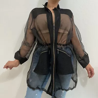 Ming Wang Women's L Vintage Black Mesh Sheer Full Zip Jacket Adjustable Hooded • $39.99