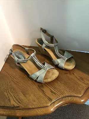 Michelle D Silver Leather Wedge Cork Sandals Size 7.5 Silver Rhinestones • $24.99