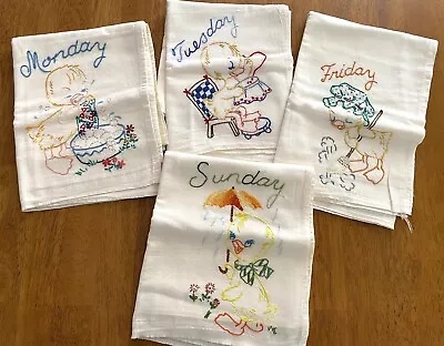 Kitchen Dish Towels Vtg 50s Cotton Embroidered Ducks Days Of The Week Lot Of 4 • $20