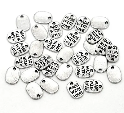 50 Made With Love Charms Tags Antique Silver Tone J15172F • £3.59