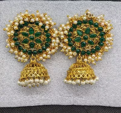 Lovely Big Green White & Gold Jhumka Indian Earrings   .Ra7 • $26