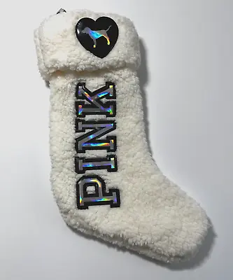 PINK Victorias Secret Fluffy White Sherpa Spellout Logo Christmas Stocking Plush • $12.63