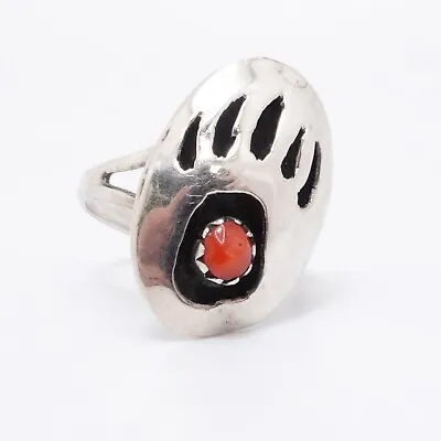  Sterling Silver 925 Vintage Bear Claw Animal With Coral Accent Ring Size 5.5 • $18.99