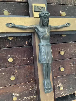 ~Vintage French Wall Mounted Brass/Wood Crucifix~37 X 30cm~ • £24