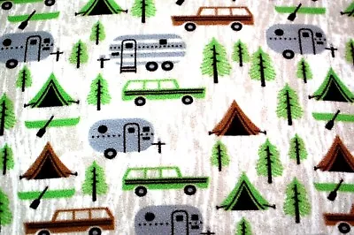 BTY*GREY CAMPERS/TAN TENTS/CANOES/PINE TREES ON LT TAN FLEECE FABRIC 1 YD 60x36  • $10.99