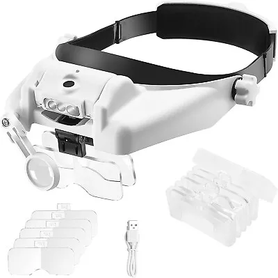 Rechargeable Elikliv Headband Magnifying Glass 6 Detachable Lens Visor Magnifier • $26.99