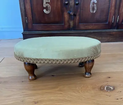 Antique Footstool Small Oval Edwardian. Green Silk? - Braided Mahogany Feet • £25