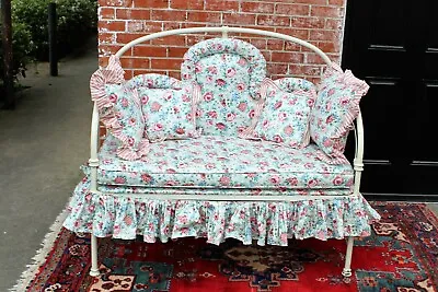 American Antique Iron Painted White Bench Daybed Flower Decor ~ New Upholstery ~ • $1250