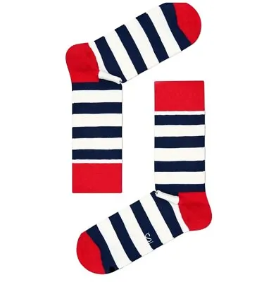 HAPPY SOCKS Men's White Stripe Cotton Crew Sock Size 8-12 NWT • $8