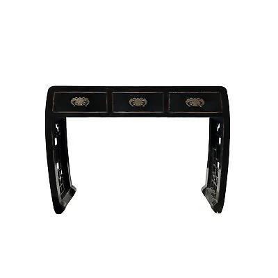 Black Lacquer Curve Panel Legs 3 Drawers Slim Foyer Side Table Cs7370 • $1878.50