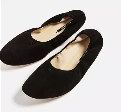 Bnwt Zara Women 100% Leather Ballerina Slip On Flats Shoes Black 36 6 • $24.99