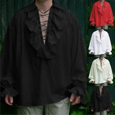 2024 Retro Men Victorian Gothic Puff Sleeve Shirt Top Medieval Ruffle Pirate HOT • £13.39