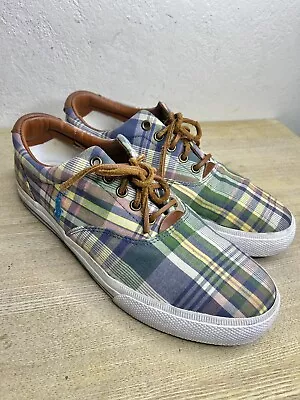 RALPH LAUREN POLO Blue Red Green Madras Plaid Leather Trim Lace Up Sneakers 10 D • $15.99