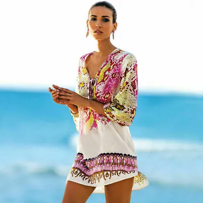 £11.20 • Buy Ladies Boho Printed Dress Bikini Cover Up  Swimsuit Sarong Kaftan Beach Sundress