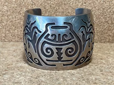 Vintage Hopi Overlay Style Sterling Bracelet Cuff Corn Water Pottery Design • $275