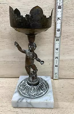 CHERUB CANDLE HOLDER Pillar Vintage Brass Bronze Boy On Marble Base 8  • $39.95