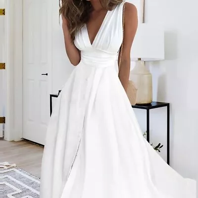 Womens Summer V-Neck Maxi Dress Sleeveless Holiday Wedding Party Swing Sundress • $19.80